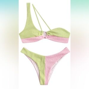 ZAFUL Textured One Shoulder Two Tone Cheeky Two Piece Bikini Set